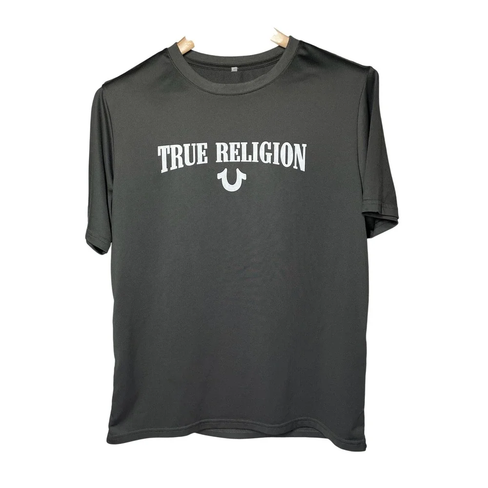 True Religion Mens Charcoal Gray Graphic Horseshoe Logo T-Shirt Size Large